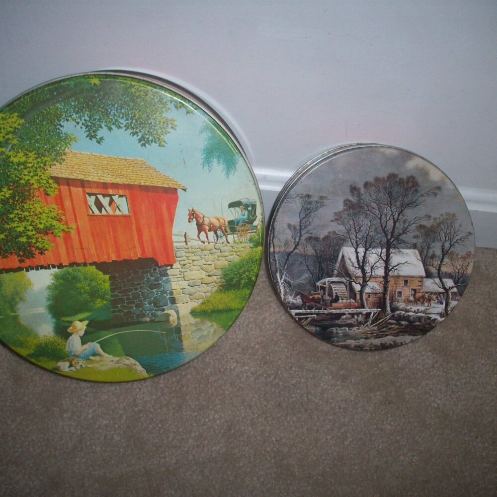 Set of 2 metal tins Nesting Vintage Cookie Tin Amish Buggy Covered Bridge Rustic
